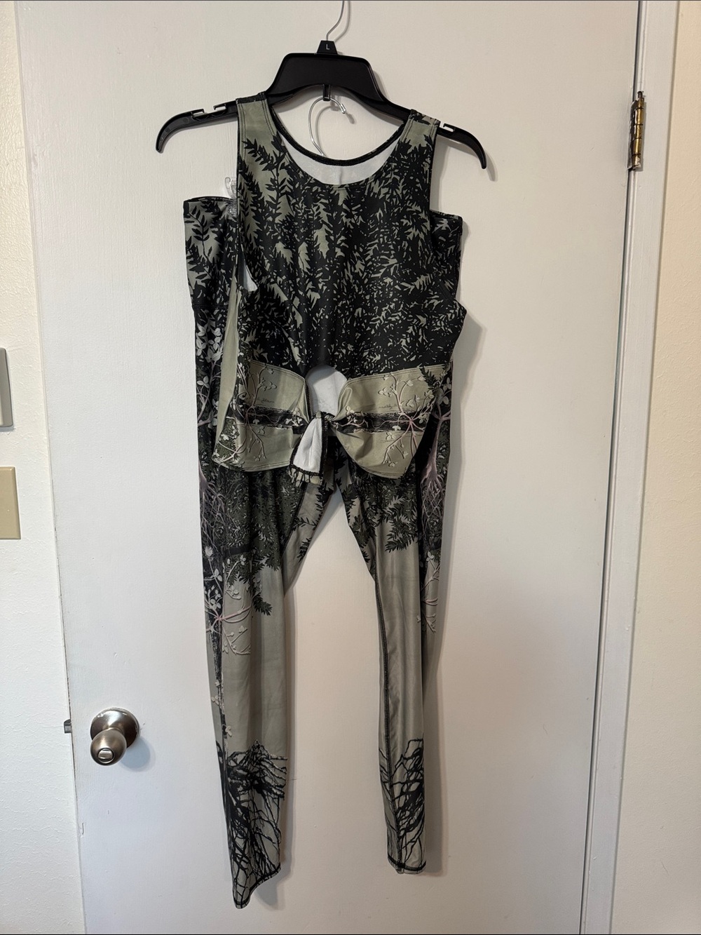 Sleeveless Olive Green Patterned Jumpsuit with Front Bow
